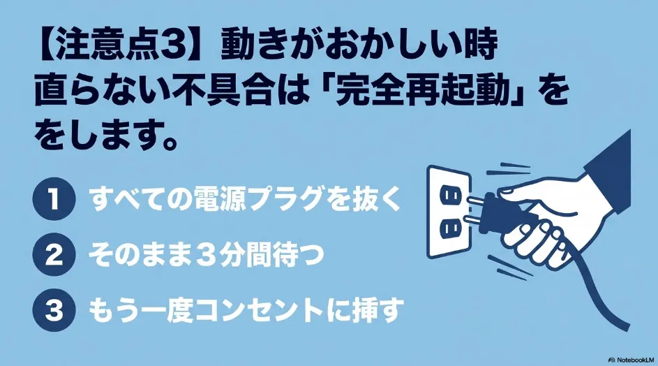 注意点3として、不具合時の完全再起動の手順(すべての電源プラグを抜く、3分待つ、もう一度コンセントに挿す)を解説するスライド。