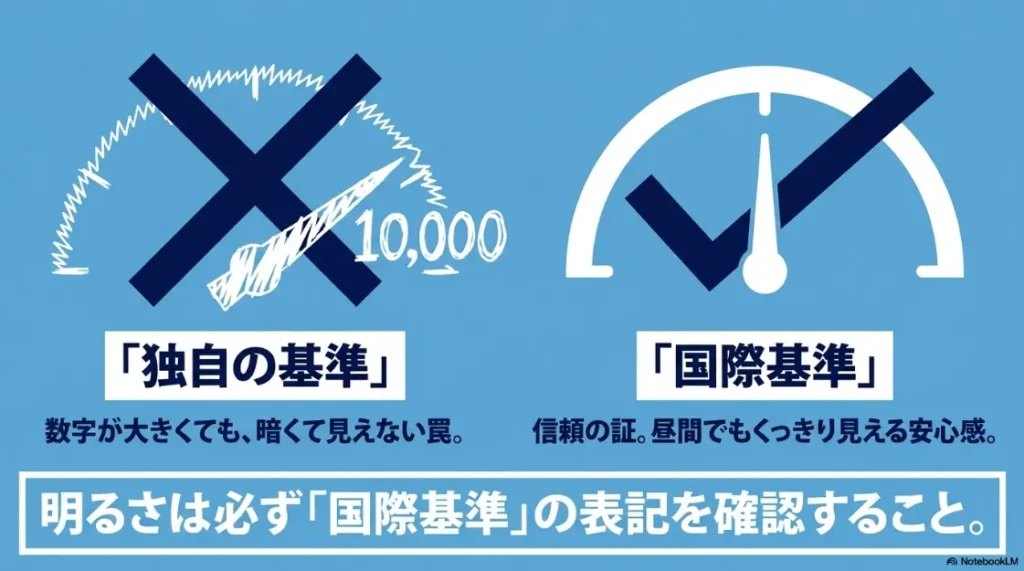 プロジェクターの明るさは独自の基準ではなく、必ず国際基準の表記を確認すること