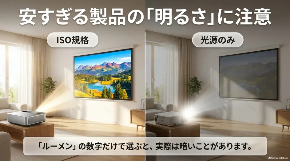 ISO規格の明るさ表記と光源のみのルーメン表記によるプロジェクター映像の違いを比較した図