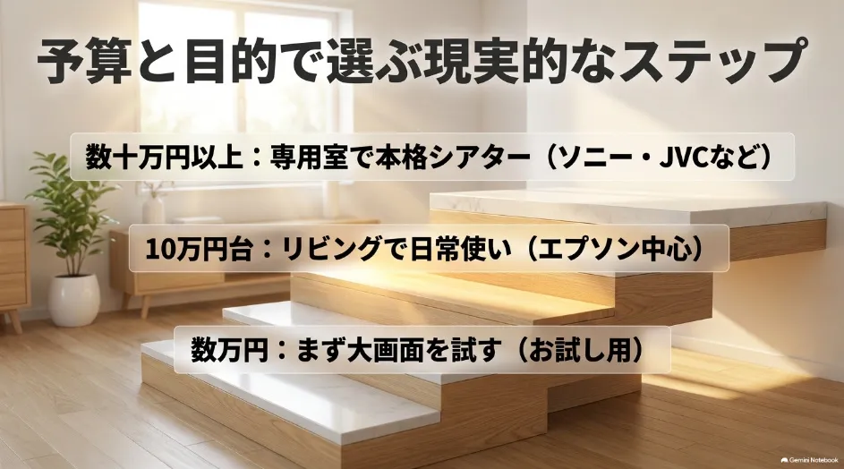 数万円・10万円台・数十万円以上の予算別にプロジェクターの選び方を整理したスライド