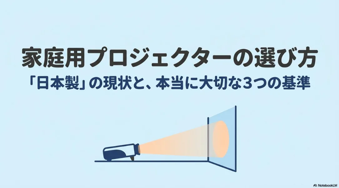 家庭用プロジェクターの選び方。「日本製」の現状と、本当に大切な3つの基準を解説するタイトルスライド