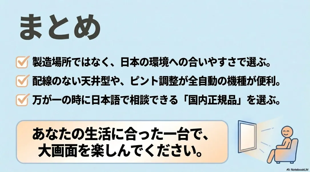 家庭用プロジェクター選びのまとめ。日本の環境に合うか、配線不要や全自動の便利さ、国内正規品の安心感で選ぶことを提案するスライド