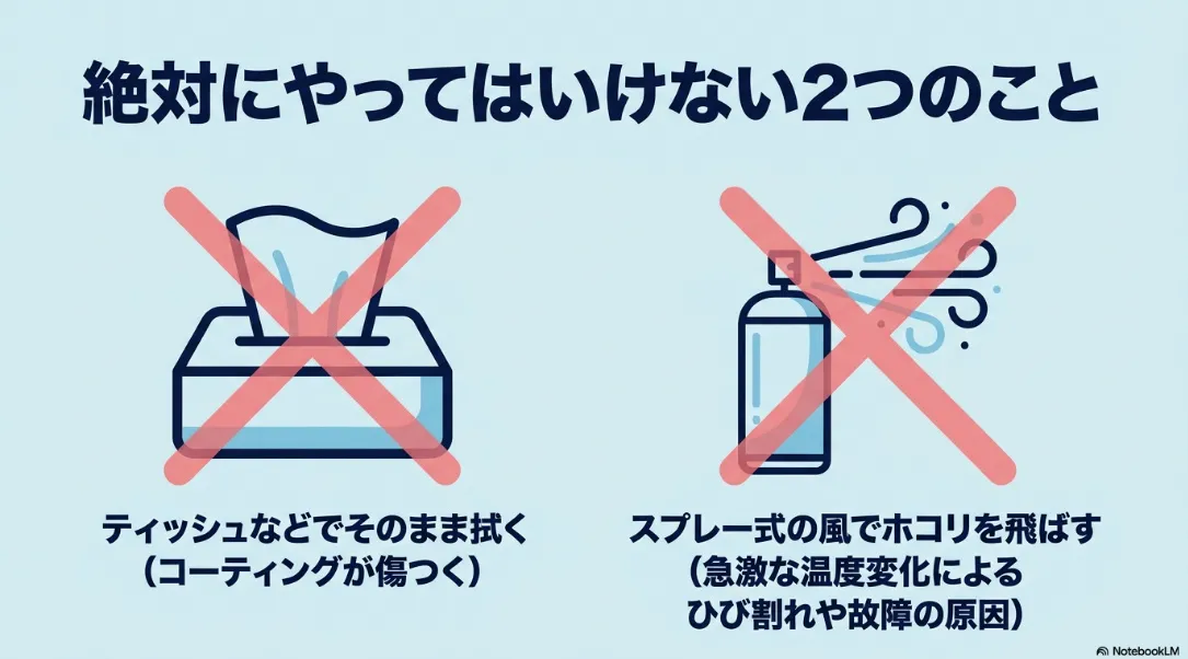 プロジェクター掃除で絶対にやってはいけない2つのこと(ティッシュでの乾拭きとスプレー式風の使用)