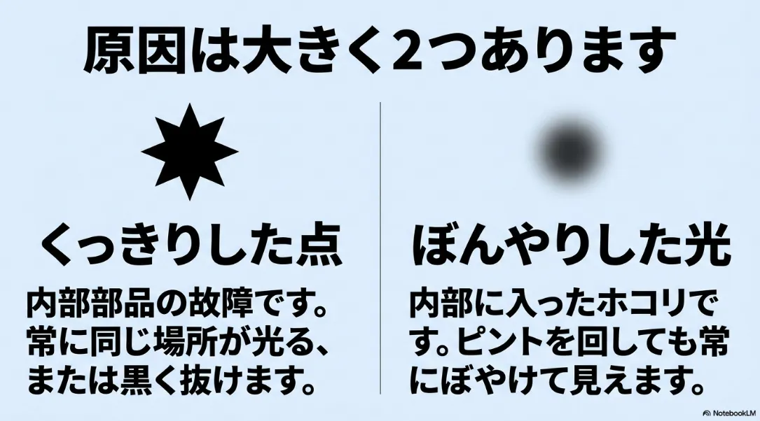 プロジェクターのドット抜けの2大原因(内部部品の故障によるくっきりした点と内部のホコリによるぼんやりした光)を説明するスライド