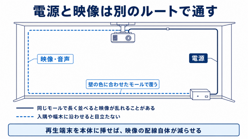 電源と映像のケーブルを別のルートで壁に沿わせる配線図