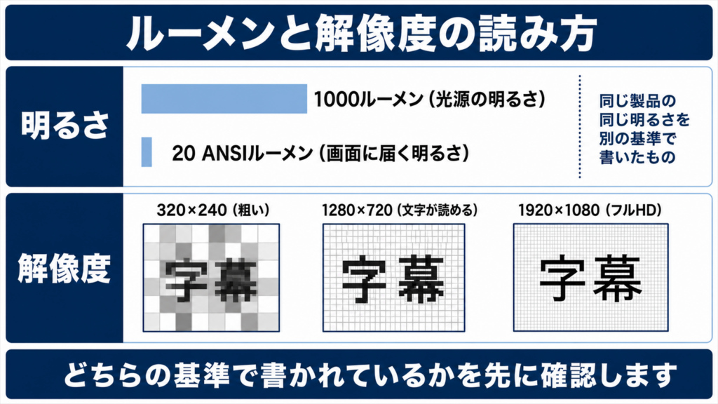 ルーメンとANSIルーメンの違いと、解像度による字幕の見え方を比べた図