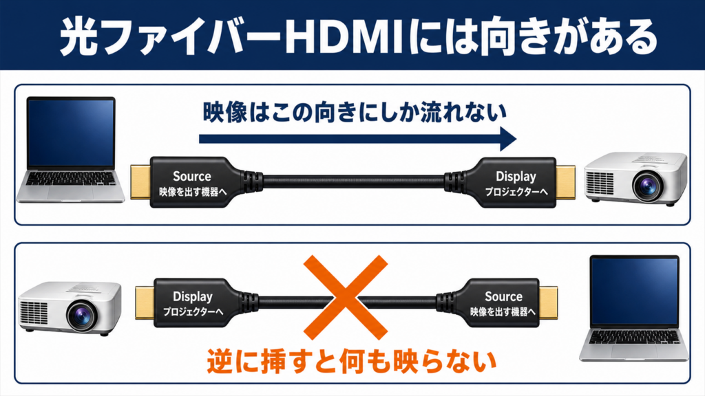 光ファイバーHDMIケーブルのSource側とDisplay側の向きを示した図