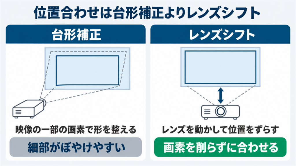 台形補正とレンズシフトの位置合わせの違いの図