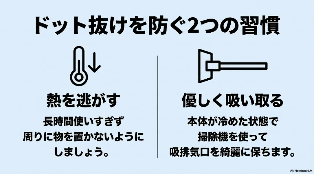 プロジェクターのドット抜けを防ぐ2つの習慣として熱を逃がすことと掃除機で優しく吸い取ることを解説するスライド
