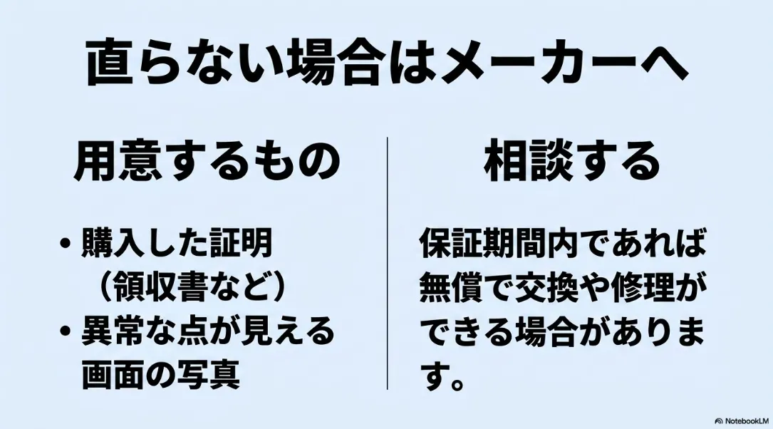 症状が直らない場合に購入証明と画面の写真を用意してメーカーのサポートへ相談することを説明するスライド
