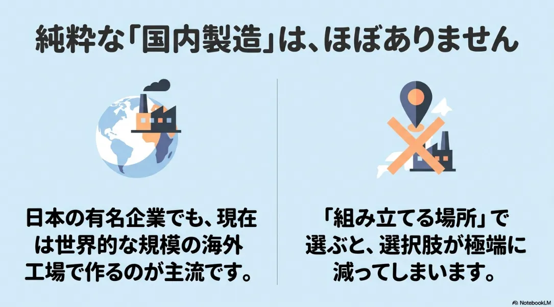 純粋な国内製造のプロジェクターはほぼなく、日本の有名企業でも海外工場での生産が主流であることを説明するスライド