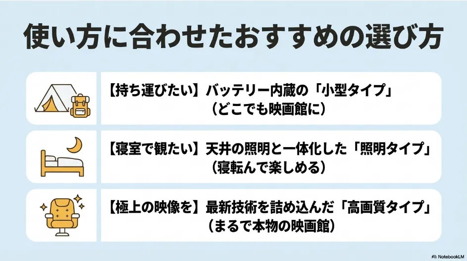 使い方に合わせたプロジェクターの選び方として、持ち運びたい小型タイプ、寝室で観たい照明タイプ、極上の映像を求める高画質タイプの3つを提案するスライド