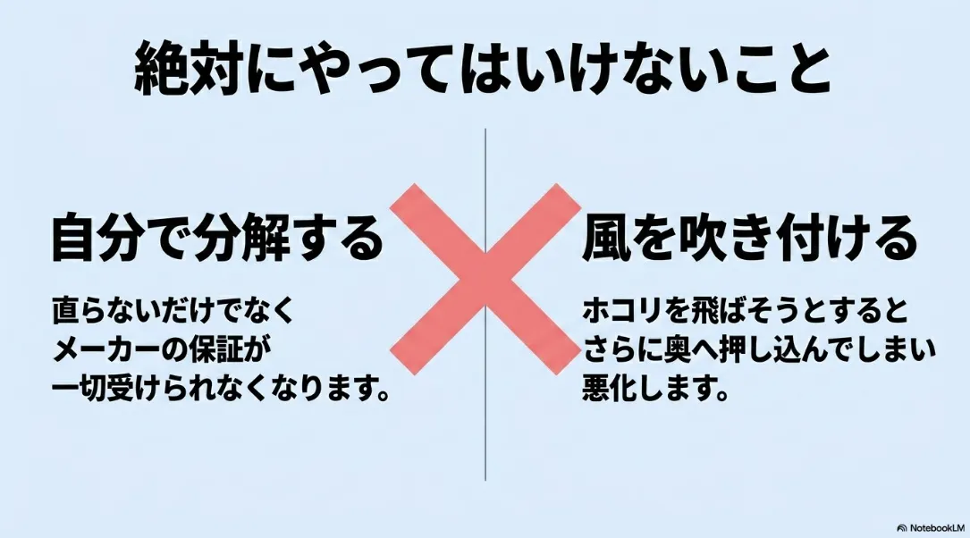 プロジェクターのドット抜け発生時に自分で分解することや風を吹き付けるなど絶対にやってはいけないことを説明するスライド