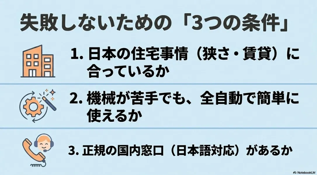 プロジェクター選びで失敗しないための3つの条件（日本の住宅事情に合うか、全自動で簡単か、正規の国内窓口があるか）をまとめたスライド