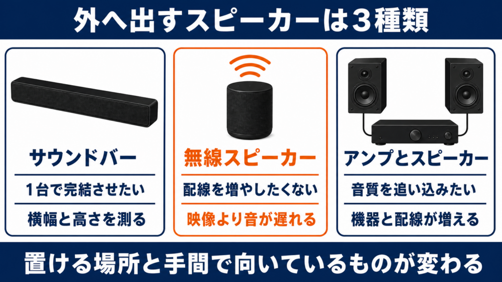 サウンドバーとBluetoothスピーカーとアンプ構成を比較した図
