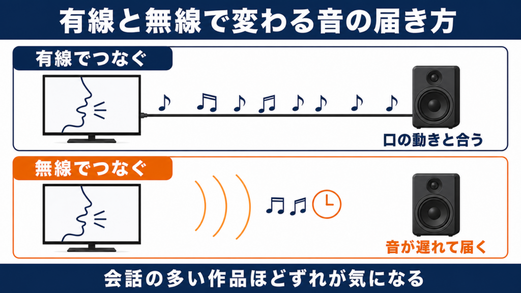 有線と無線で映像と音のずれ方が変わることを示した図