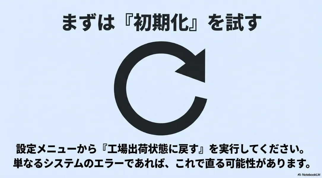 ドット抜けが疑われる際に設定メニューから工場出荷状態に戻すシステム初期化を試すよう促すスライド