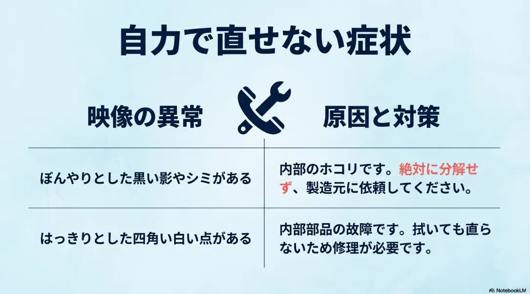 自力で直せない症状:ぼんやりとした黒い影は内部ホコリ、四角い白い点はドット抜け