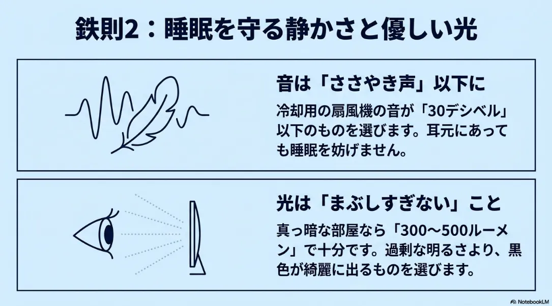 鉄則2:睡眠を守る静かさ(動作音30デシベル以下)と優しい光(300〜500ルーメン)のプロジェクターを選ぶ