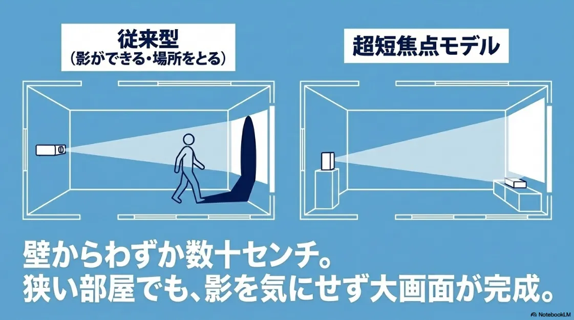 従来型と超短焦点モデルの比較 。壁からわずか数十センチで影を気にせず大画面が完成 。