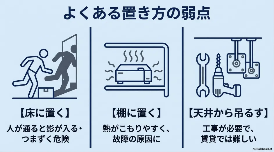 プロジェクターのよくある置き方の弱点。床置きは影が入りつまずく危険、棚置きは熱がこもりやすく故障の原因に、天井吊るしは工事が必要で賃貸では難しい。