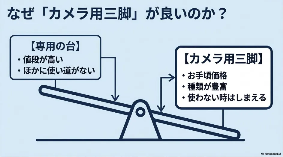 なぜカメラ用三脚が良いのか。値段が高く他に使い道がない専用の台に対し、カメラ用三脚はお手頃価格で種類が豊富、使わない時はしまえるメリットがある。