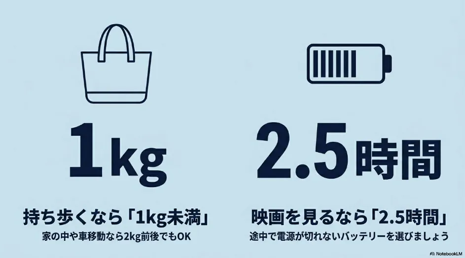 プロジェクターの重量とバッテリーの目安：持ち歩きは1kg未満、映画鑑賞は2.5時間