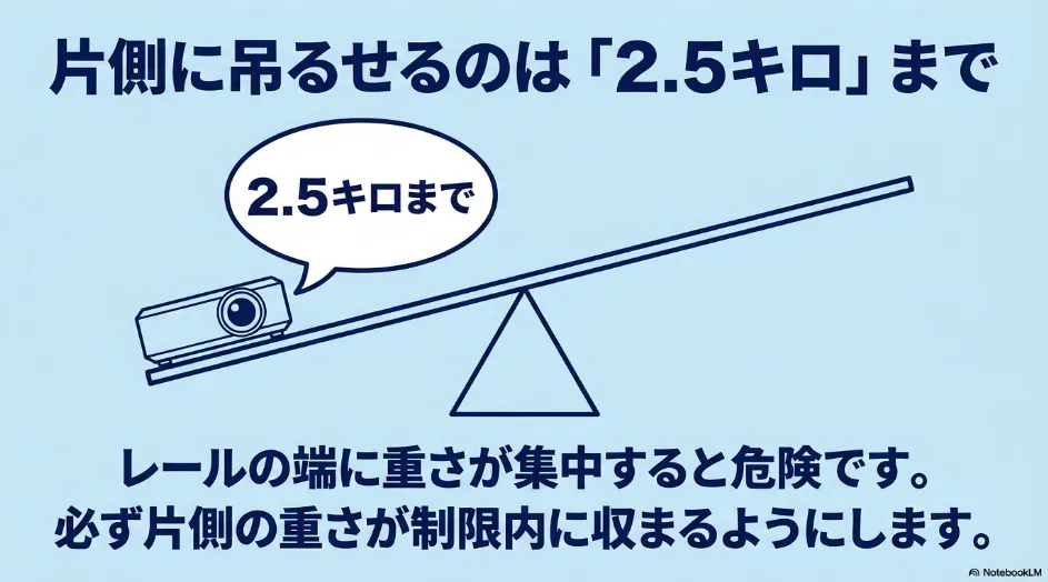 ダクトレールの片側に吊るせる重さは2.5キロまで