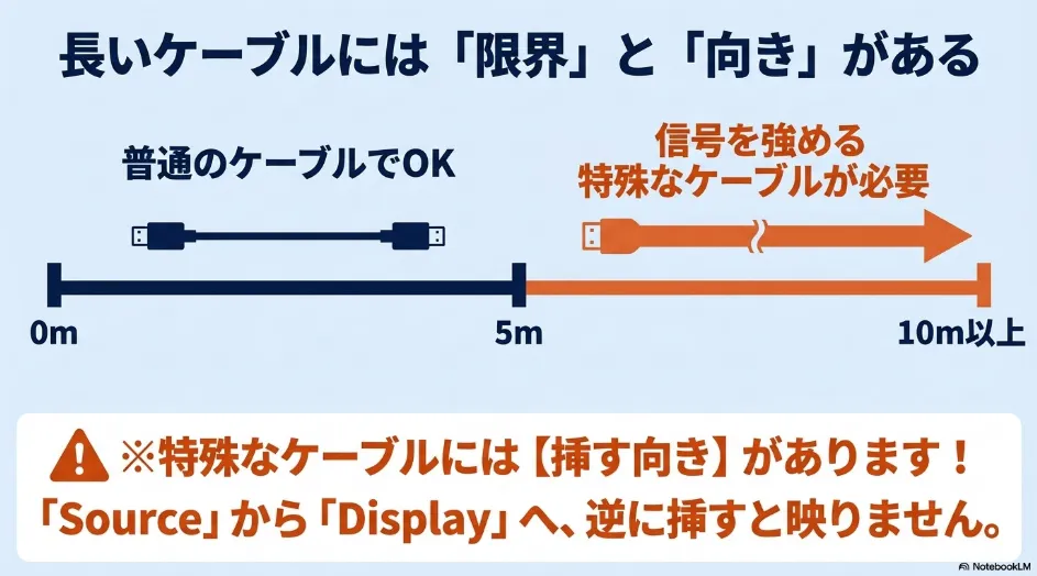長いHDMIケーブルの限界距離と特殊なケーブルを挿す向きの注意点