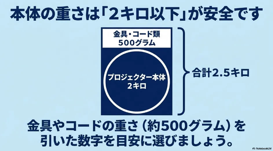 本体の重さは「2キロ以下」が安全です 金具・コード類 500グラム プロジェクター本体 2キロ 合計2.5キロ 金具やコードの重さ(約500グラム)を引いた数字を目安に選びましょう。