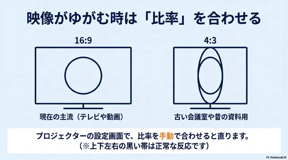 映像がゆがむ原因となるプロジェクターのアスペクト比(16:9と4:3)の違い