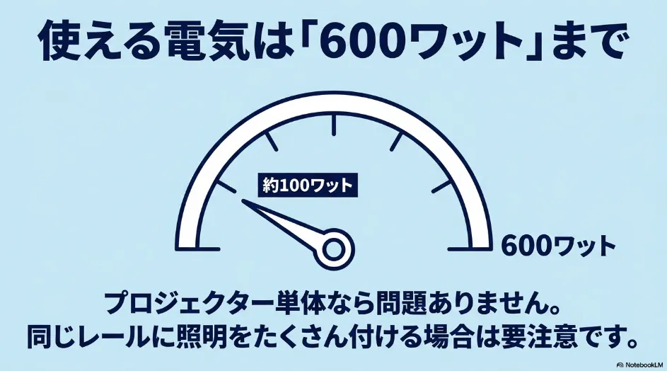 使える電気は「600ワット」まで 約100ワット プロジェクター単体なら問題ありません。 同じレールに照明をたくさん付ける場合は要注意です。