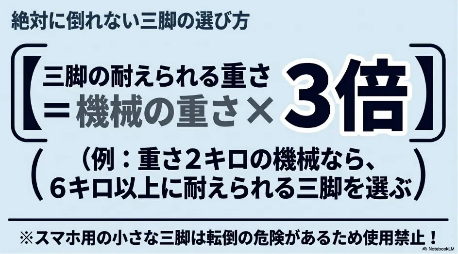 絶対に倒れない三脚の選び方。三脚の耐えられる重さは機械の重さの3倍が目安。スマホ用の小さな三脚は転倒の危険があるため使用禁止。
