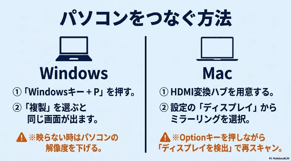 WindowsとMacのパソコンをプロジェクターにHDMI接続して画面を出力する方法