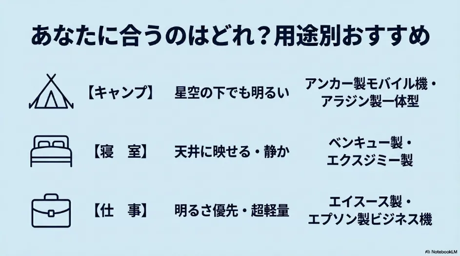 用途別おすすめプロジェクター：キャンプ、寝室、仕事向けの最適機種