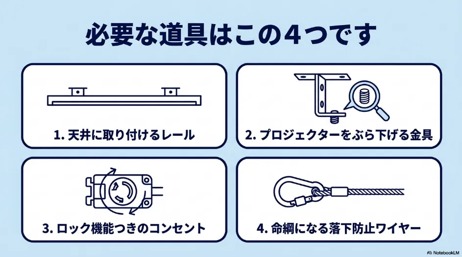 必要な道具はこの4つです 1. 天井に取り付けるレール 2. プロジェクターをぶら下げる金具 3. ロック機能つきのコンセント 4. 命綱になる落下防止ワイヤー