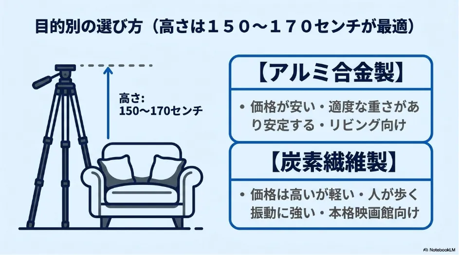 目的別の選び方。高さはソファ越しに投影できる150から170センチが最適。価格が安く安定するアルミ合金製と、軽くて振動に強い炭素繊維製がある。