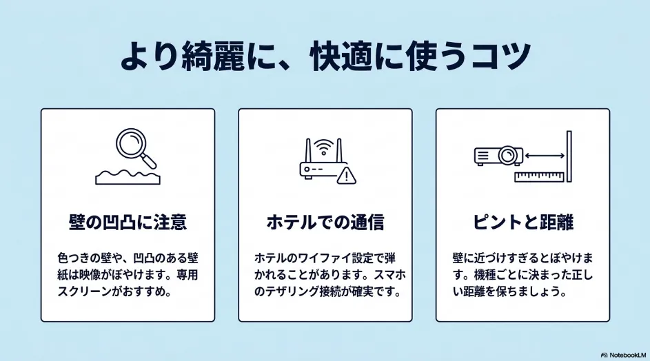 プロジェクターをより綺麗に快適に使うコツ：壁の凹凸、ホテルでの通信、ピントと距離
