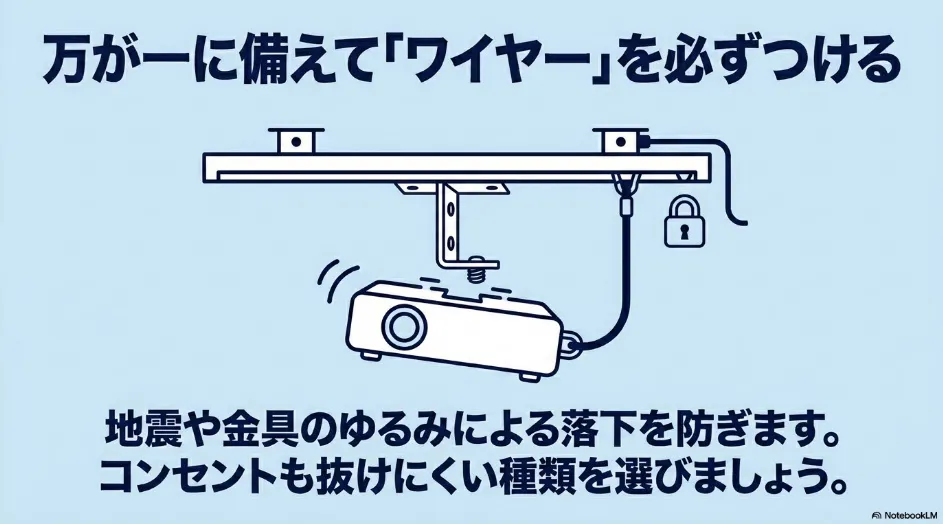万が一に備えて「ワイヤー」を必ずつける 地震や金具のゆるみによる落下を防ぎます。コンセントも抜けにくい種類を選びましょう。