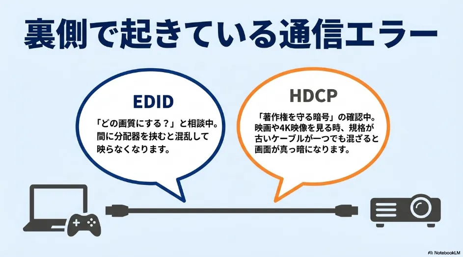 EDID(解像度の認識)とHDCP(著作権保護)による通信エラーが起きる仕組み