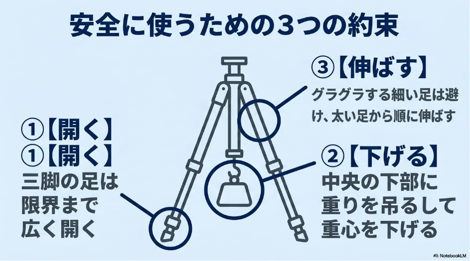 安全に使うための3つの約束。三脚の足は限界まで広く開く、中央の下部に重りを吊るして重心を下げる、グラグラする細い足は避け太い足から順に伸ばす。
