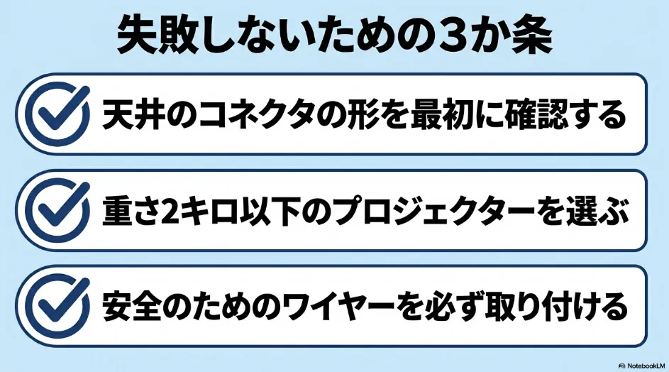 失敗しないための3か条 天井のコネクタの形を最初に確認する 重さ2キロ以下のプロジェクターを選ぶ 安全のためのワイヤーを必ず取り付ける