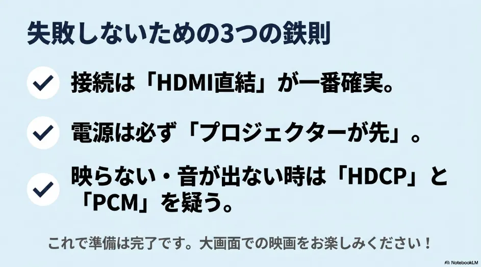 プロジェクターでDVDを見るための3つの鉄則(HDMI直結、電源はプロジェクターが先、映らない時はHDCPとPCMを確認)