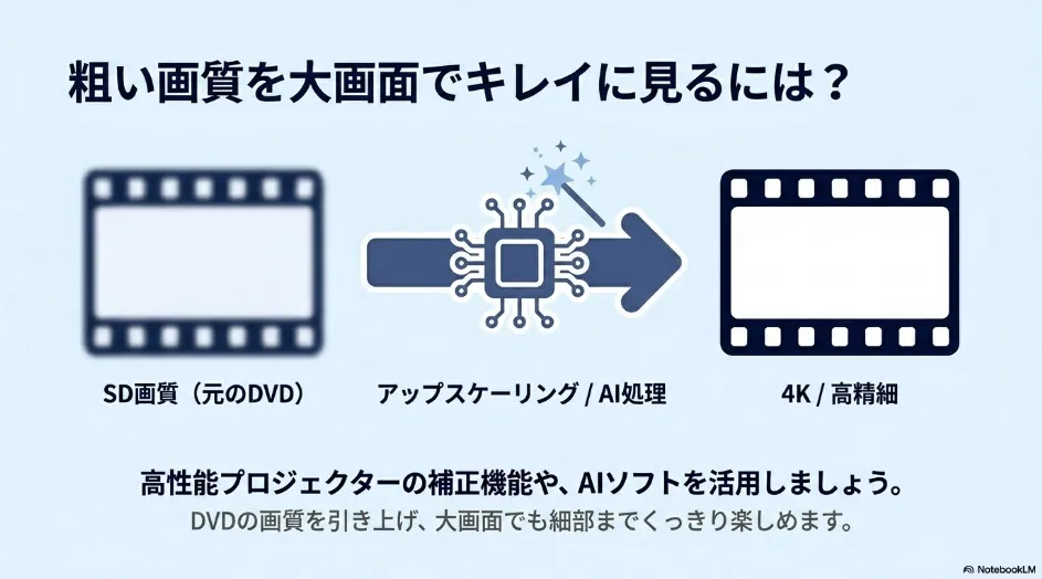 粗いSD画質のDVDを、アップスケーリングやAI処理を用いて大画面でもキレイに見る方法