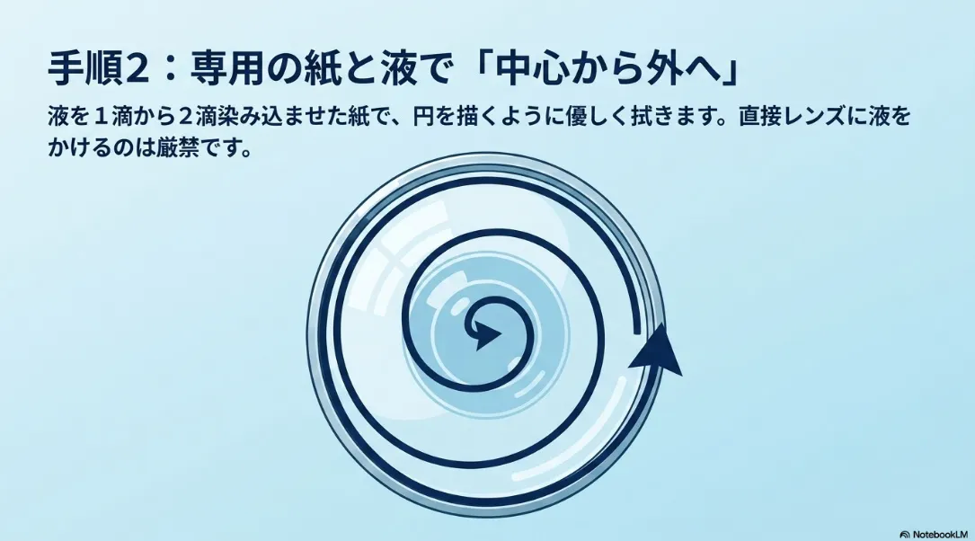 専用のクリーニングペーパーと液を使い、レンズの中心から外へ円を描くように優しく拭く