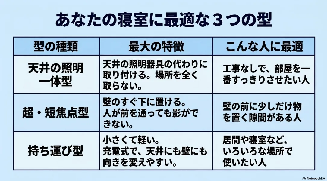 寝室に最適なプロジェクターの3つの型(天井照明一体型、超短焦点型、持ち運び型)の比較一覧表