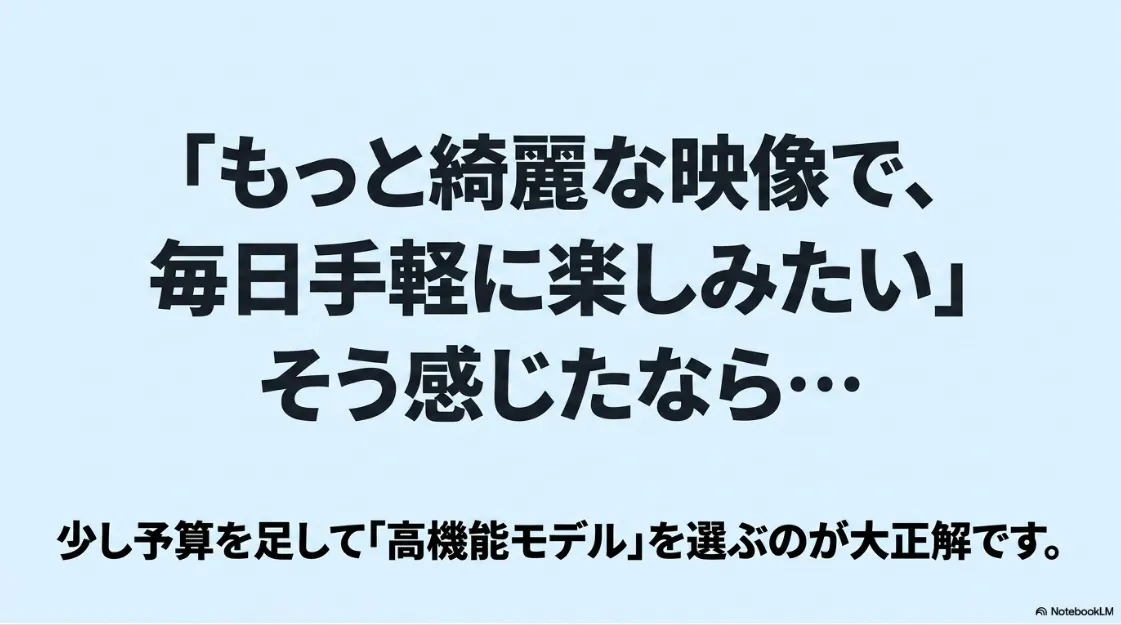 より高画質で快適な映像体験を求める人に向けて、高性能プロジェクターへのステップアップを提案するスライド。