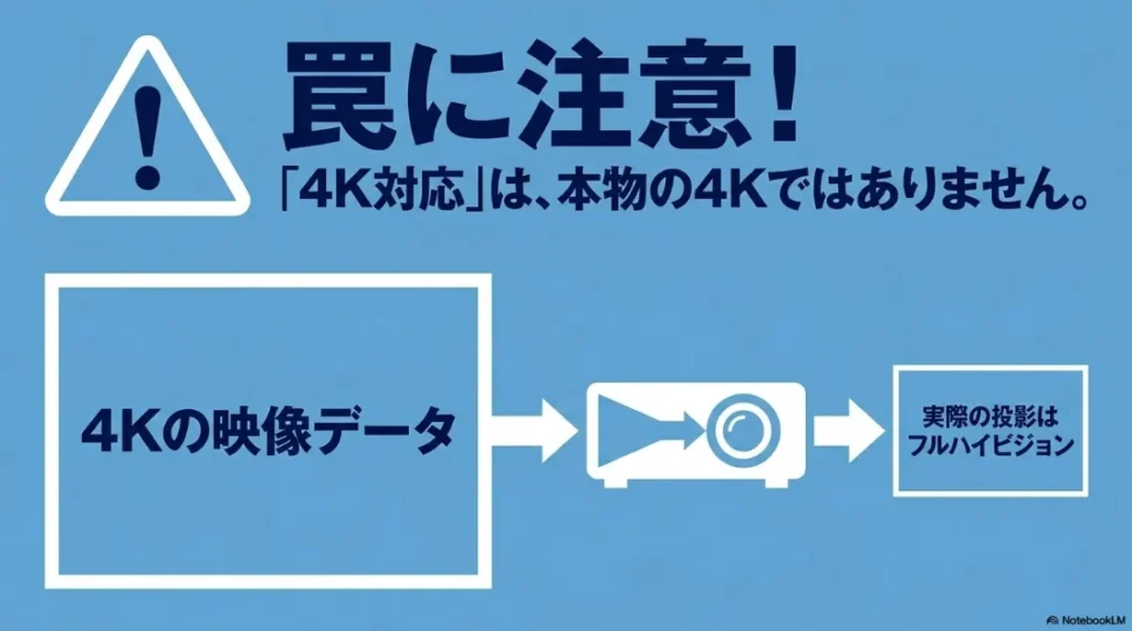 罠に注意!「4K対応」は本物の4Kではなく、実際の投影はフルハイビジョン 。