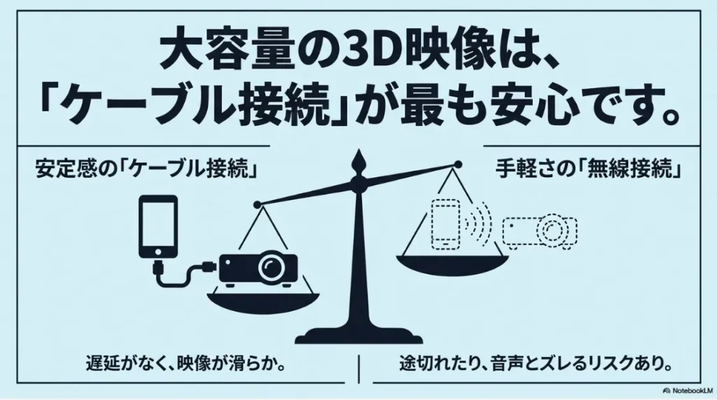 有線接続と無線接続の安定性を比較した3D映像伝送イメージ