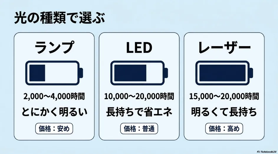 ランプ光源は高輝度を得やすい一方、寿命は2000〜4000時間程度とされ、交換が必要になります。